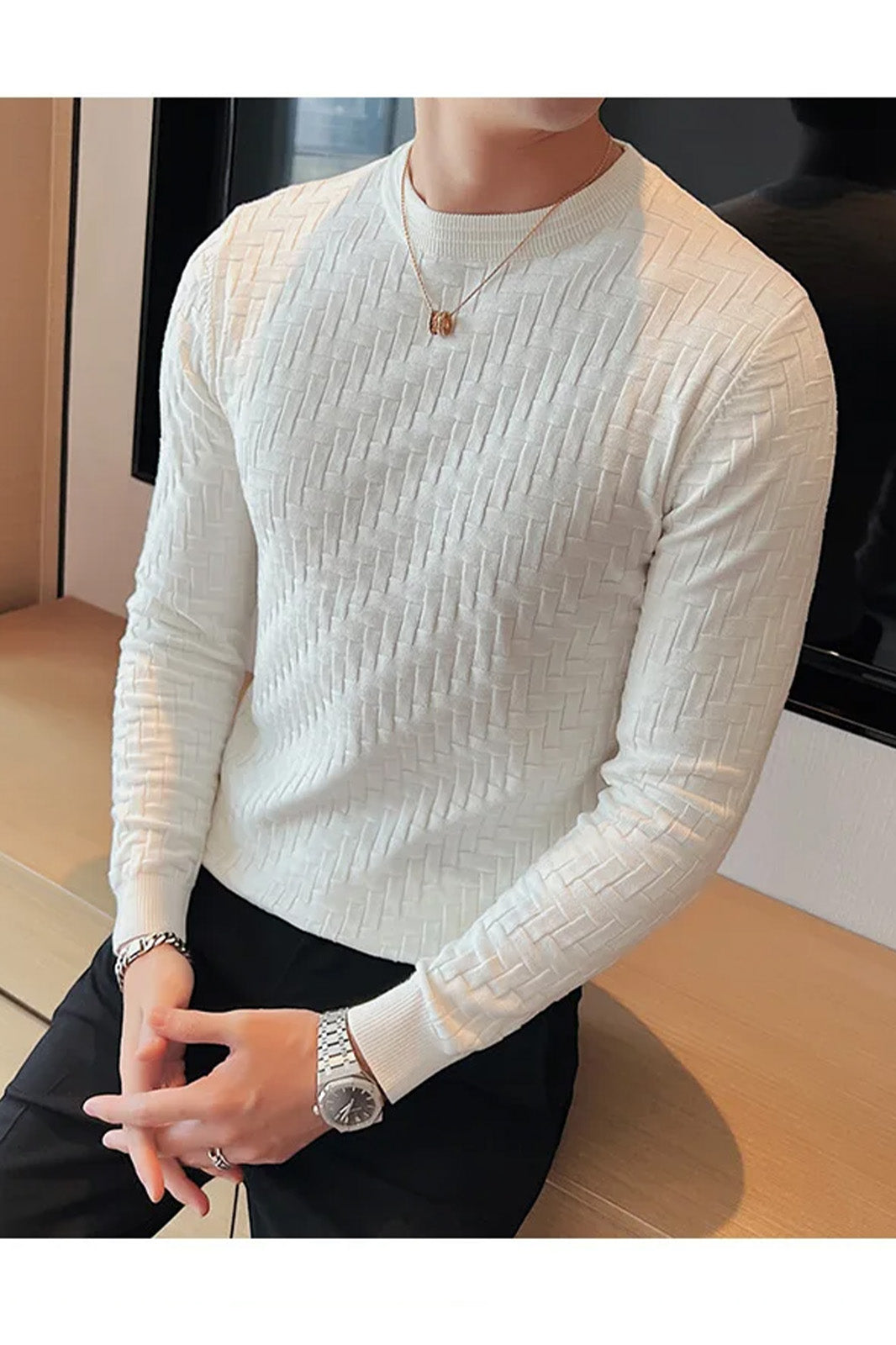 Mountain Friendly Cable Knit Sweater Style Crew Neck Men's Sweatshirt