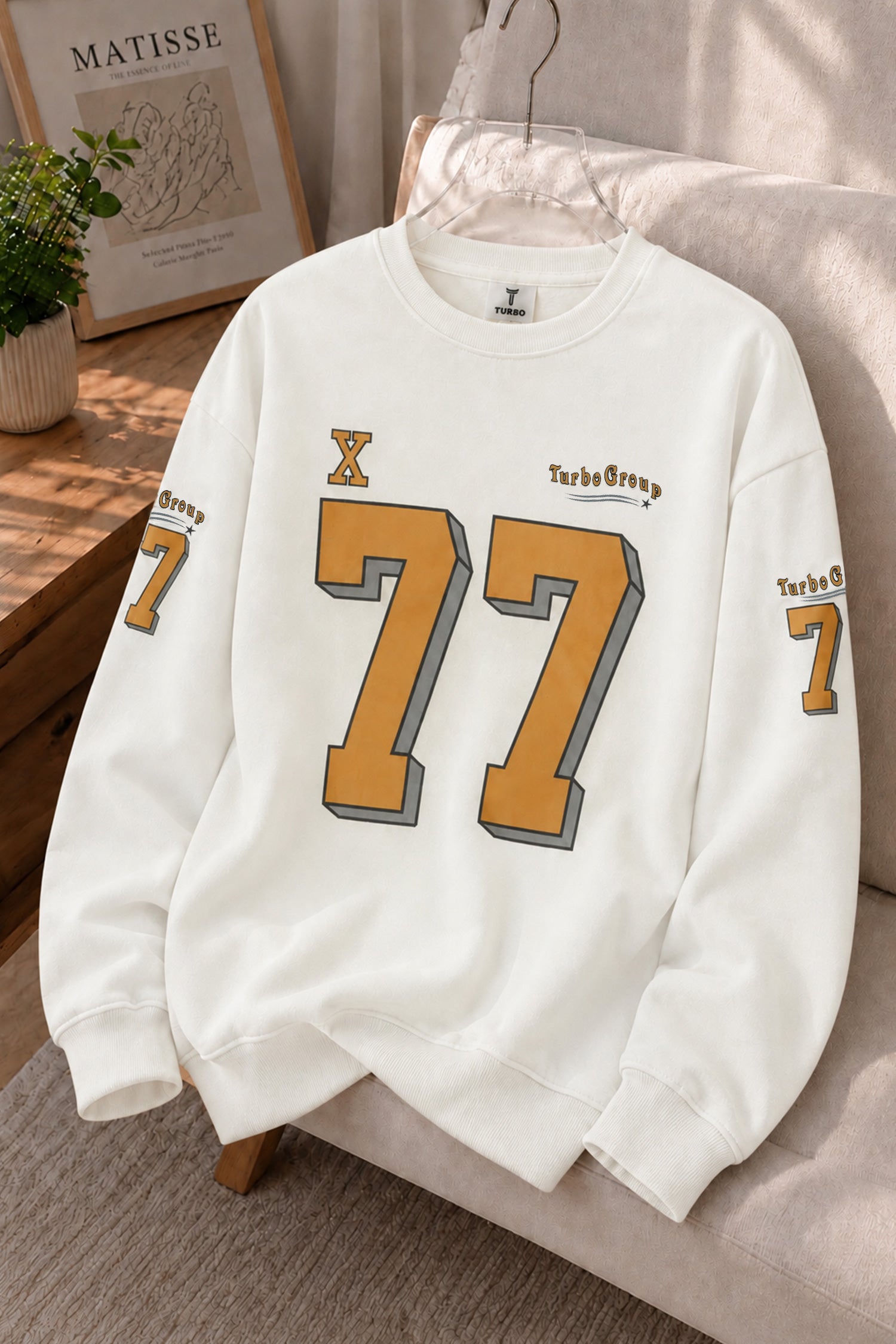 Turbo "77" Graphic Oversize Round Neck Men's Sweatshirt In White
