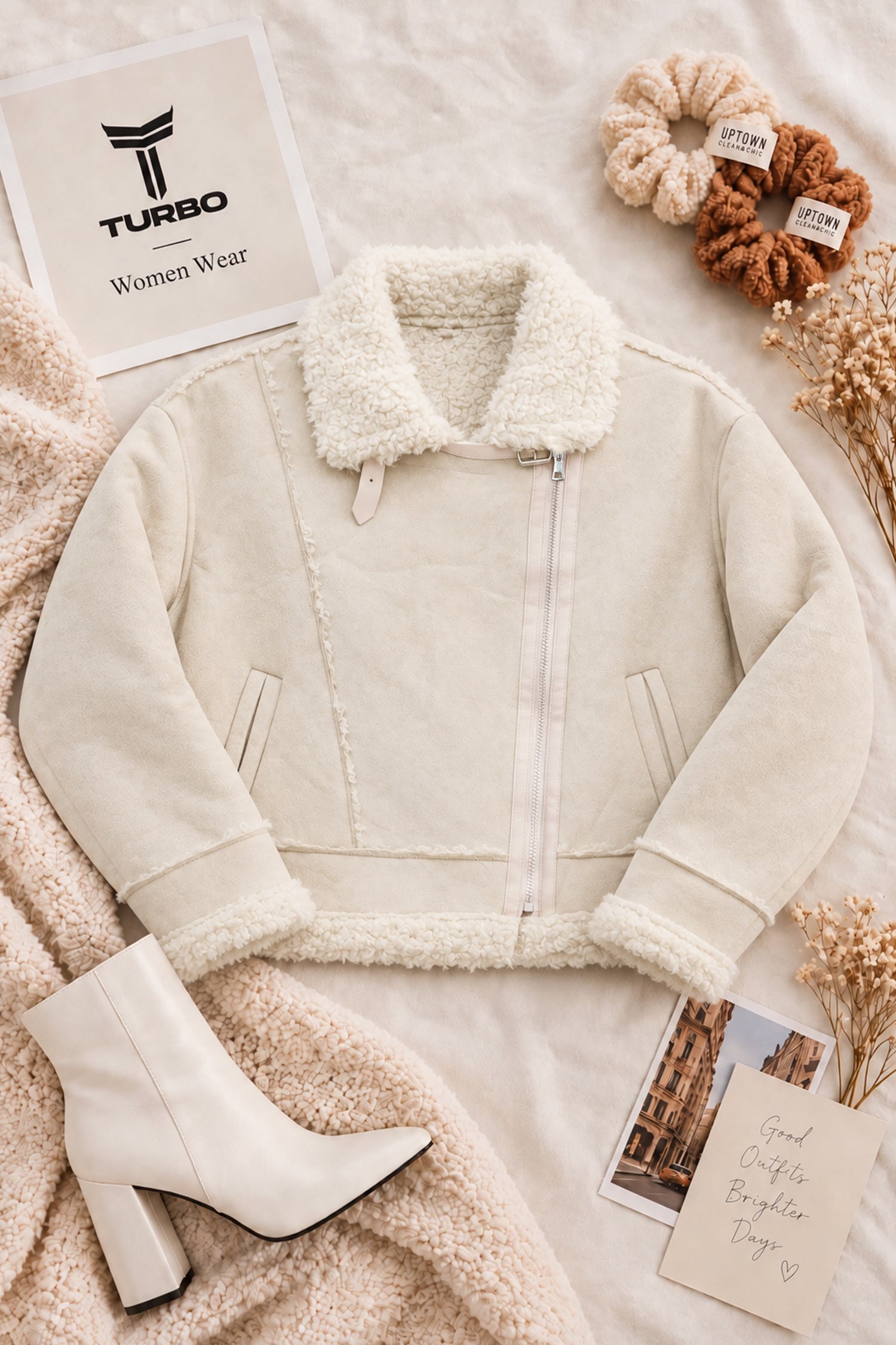 Women Asymmetric Shearling-Lined Imported Suede Jacket In Beige