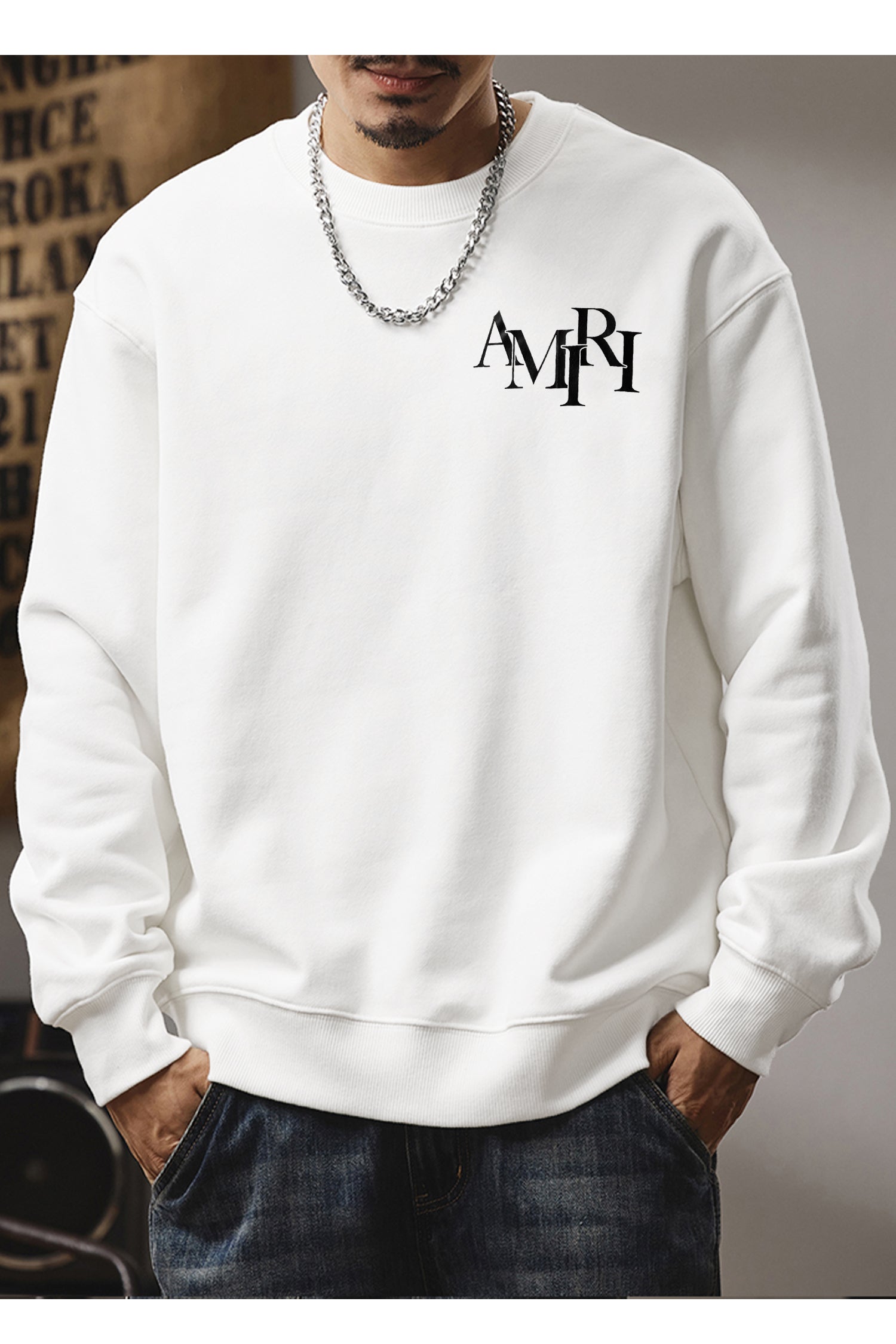 Amri Slogan Signature Crew Neck Full Sleeves Men's Sweatshirt