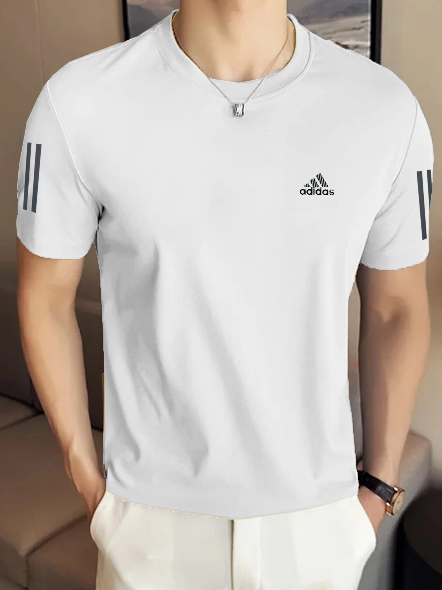 Adds Half Tri-Line Strips Round Neck T-Shirt