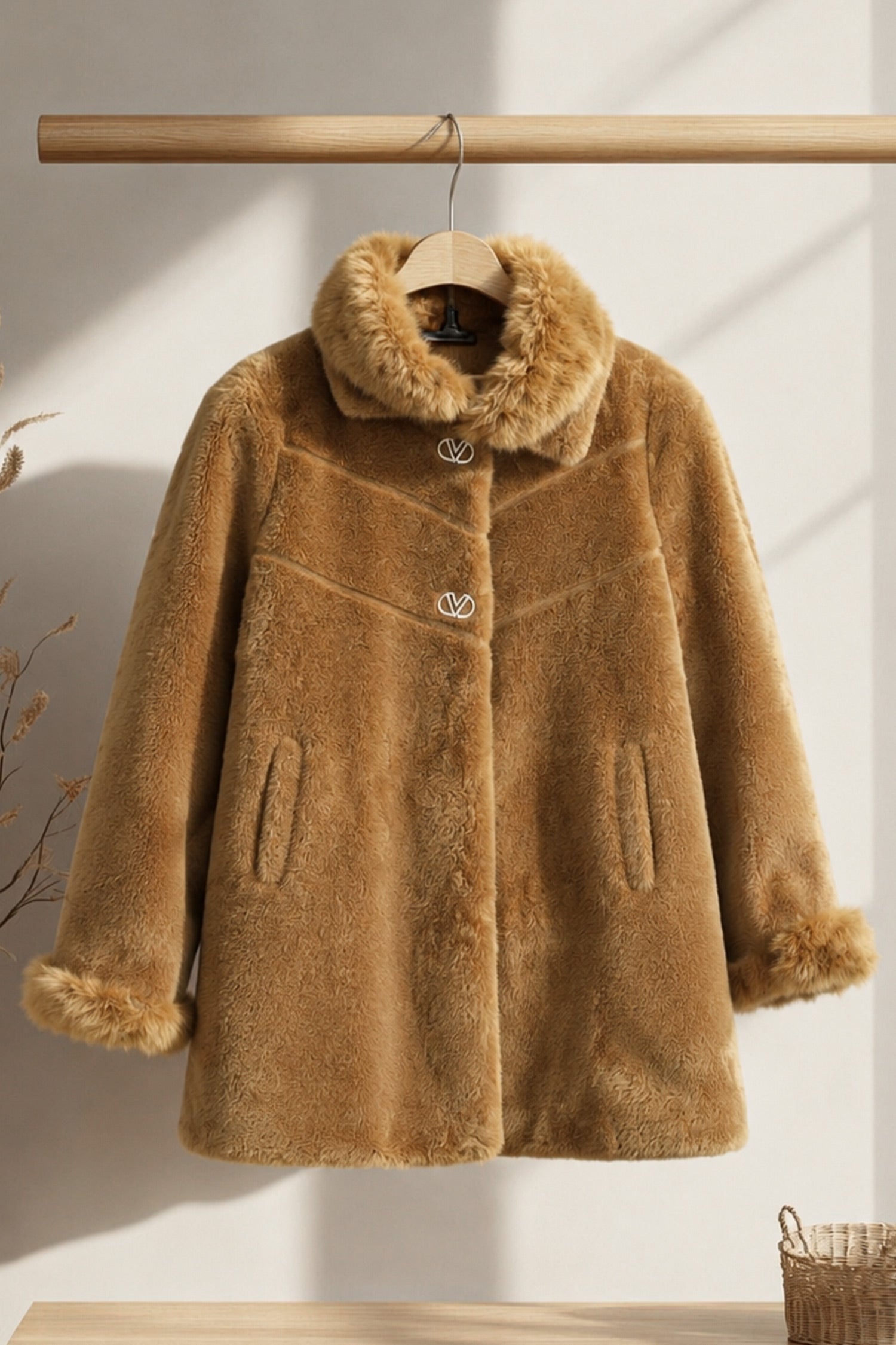 Women's Double Faux Fur Teddy Imp Wool Long Coat In Camel