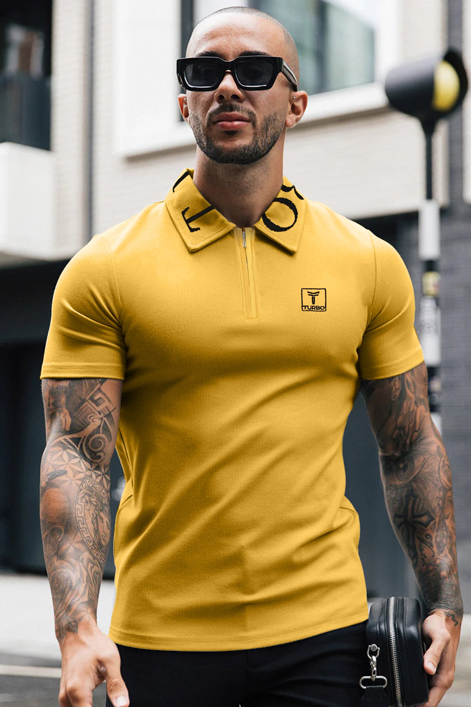 Turbo Letter Writing Zip Collar Men's Polo Shirt