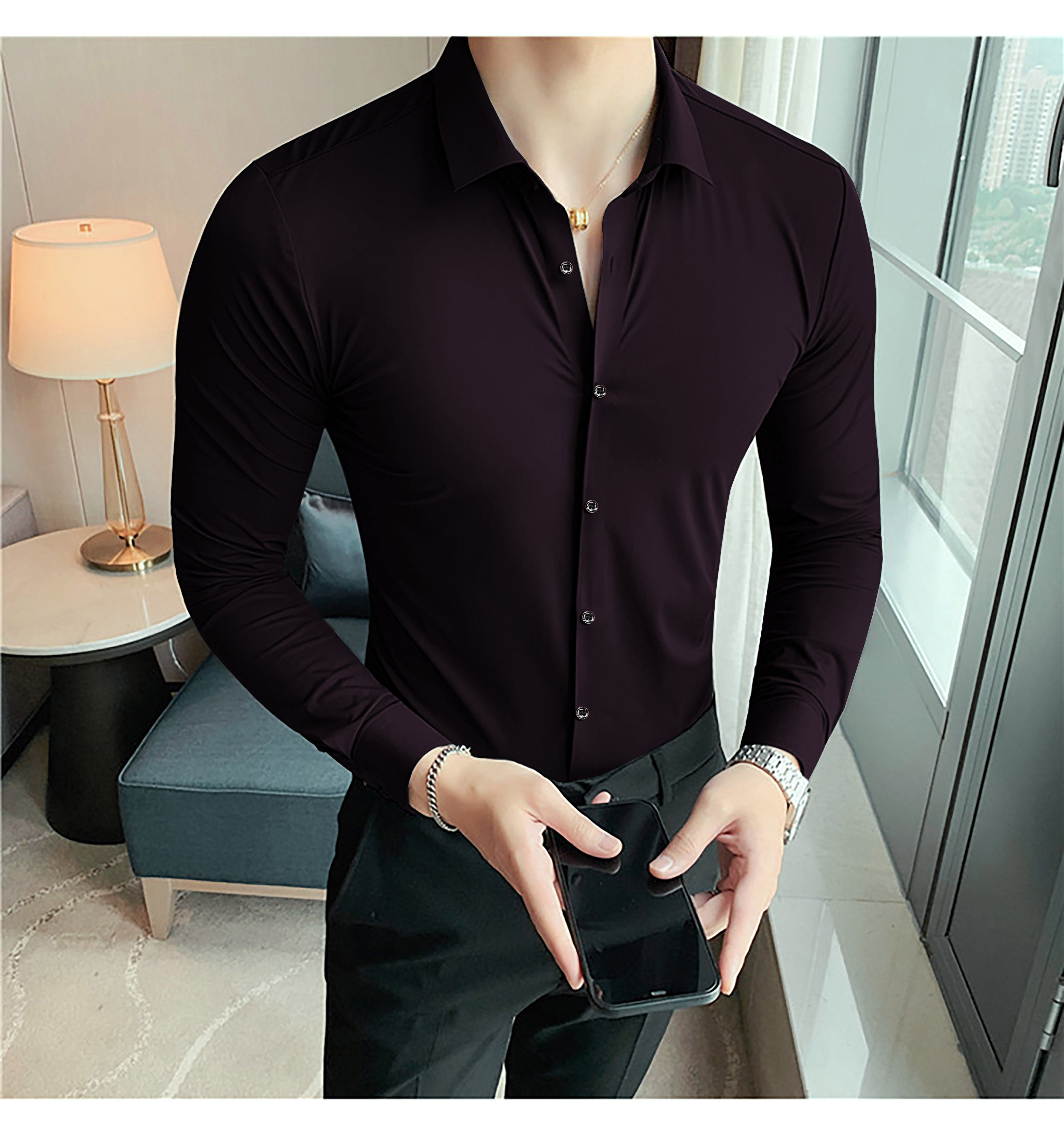 Self Texture Elastic Full Sleeve Casual Shirt