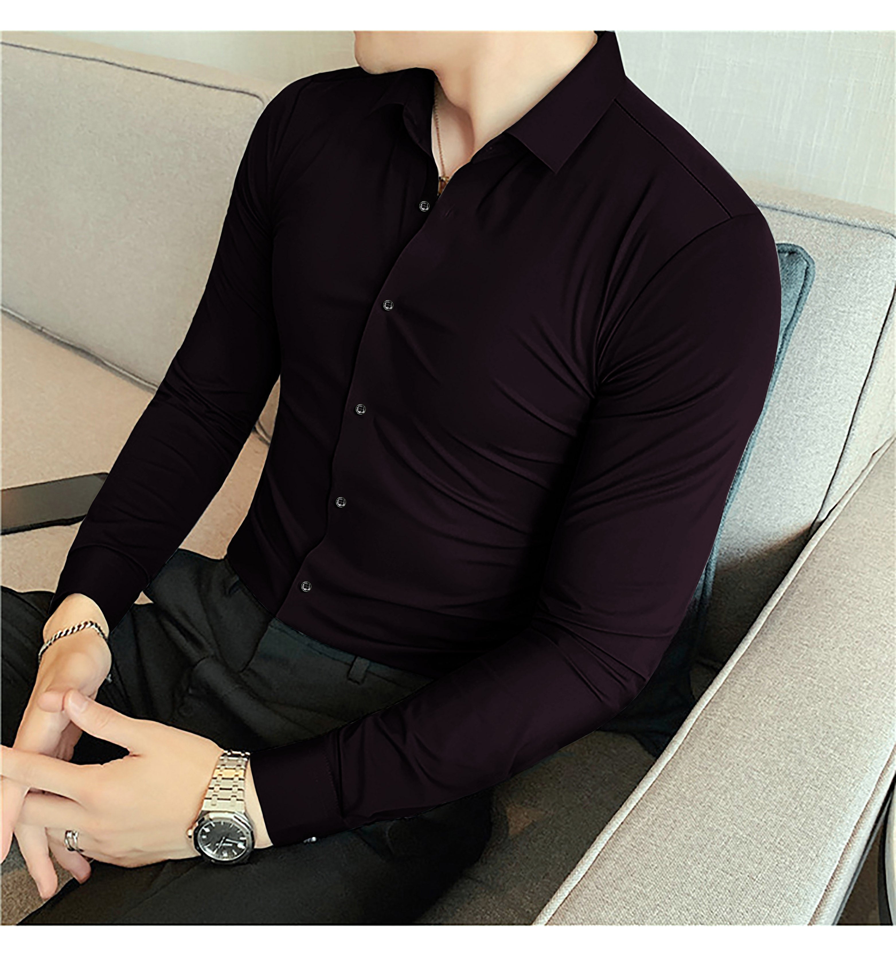 Self Texture Elastic Full Sleeve Casual Shirt