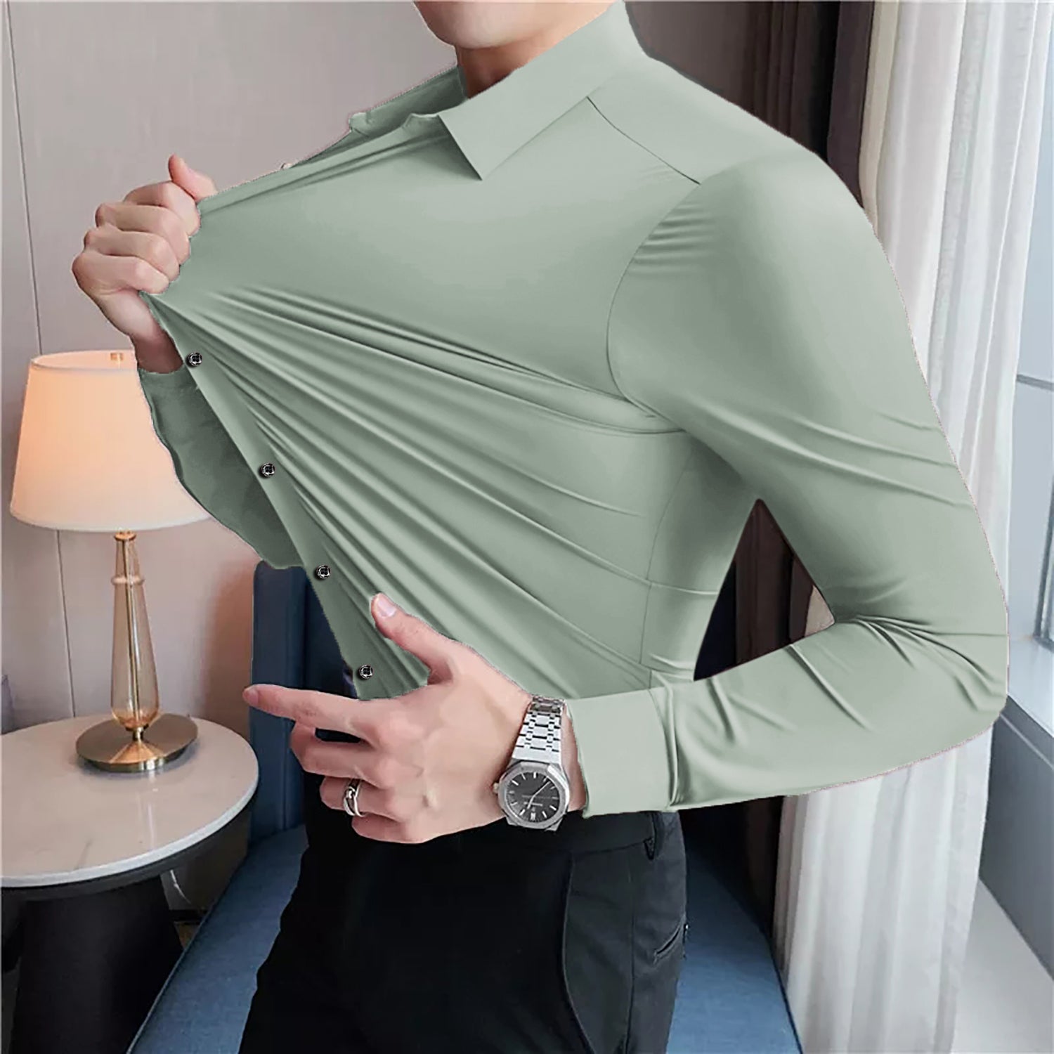 Self Texture Elastic Full Sleeve Casual Shirt