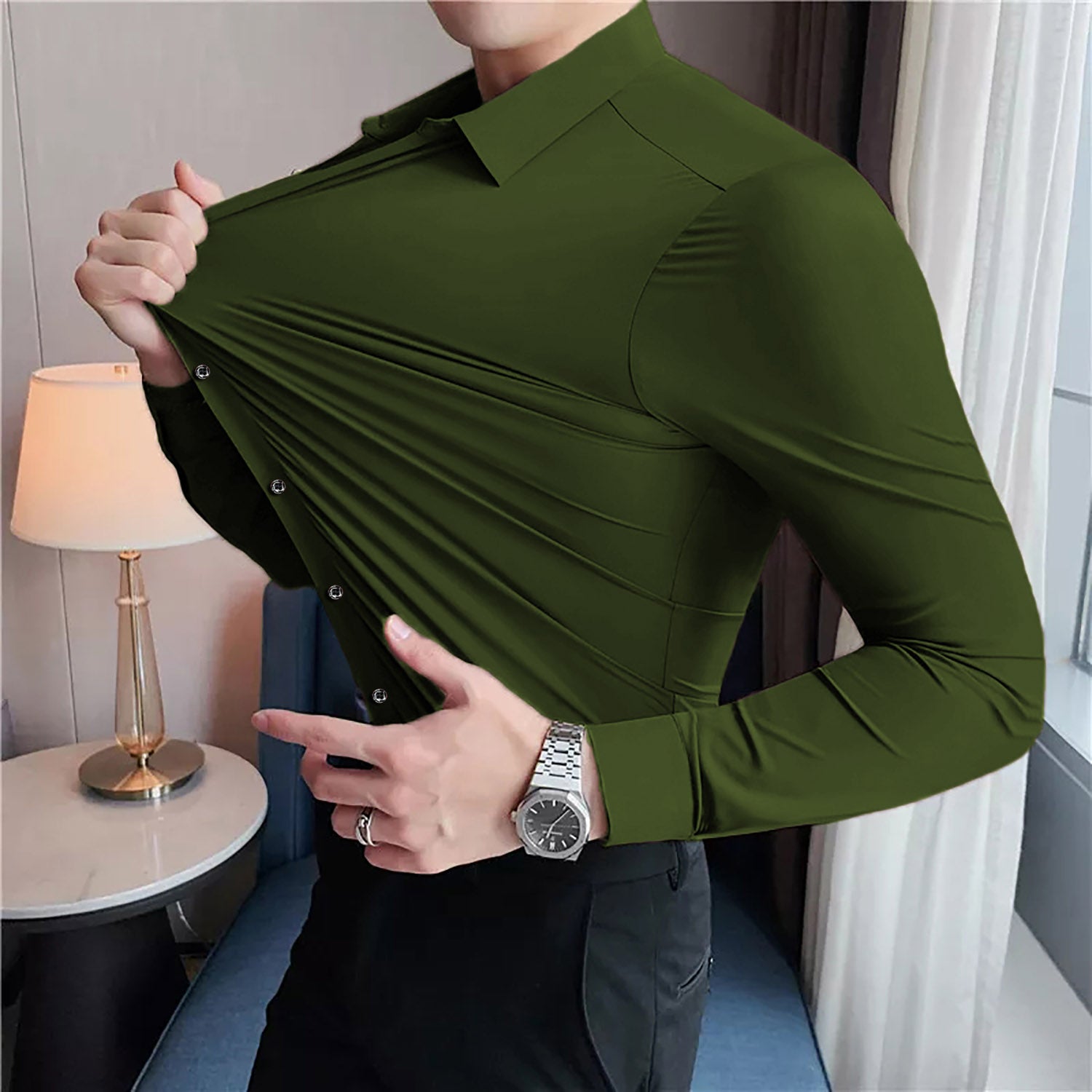 Self Texture Elastic Full Sleeve Casual Shirt