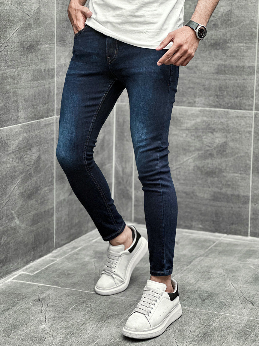 Light Faded Ankle Fit Turbo Jeans in Dark Navy