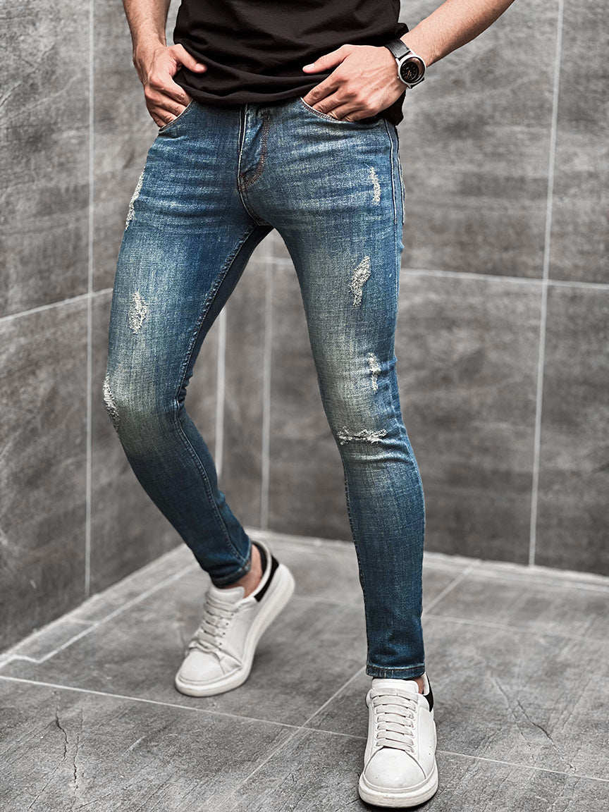 Ripped Ankle Fit Denim Jeans in Mid Blue
