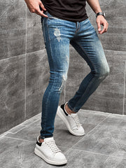 Ripped Ankle Fit Denim Jeans in Mid Blue